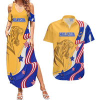 Malaysian Tiger and National Flag Couples Matching Summer Maxi Dress and Hawaiian Shirt with Royal Gold and Blue Design