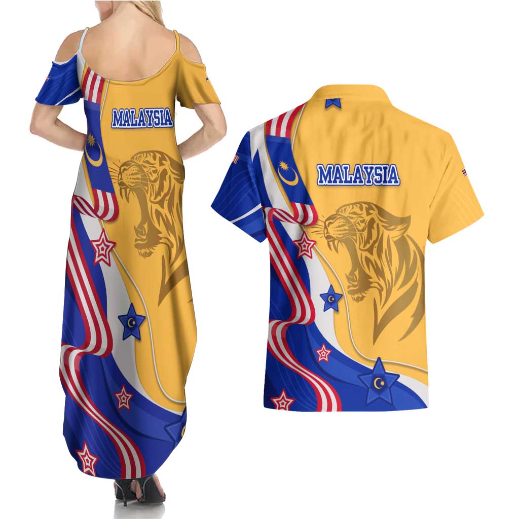 Malaysian Tiger and National Flag Couples Matching Summer Maxi Dress and Hawaiian Shirt with Royal Gold and Blue Design