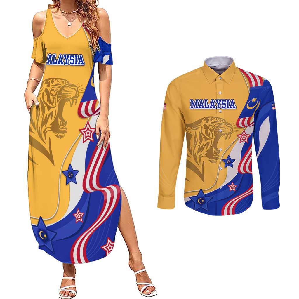 Malaysian Tiger and National Flag Couples Matching Summer Maxi Dress and Long Sleeve Button Shirt with Royal Gold and Blue Design
