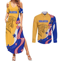 Malaysian Tiger and National Flag Couples Matching Summer Maxi Dress and Long Sleeve Button Shirt with Royal Gold and Blue Design