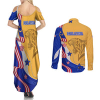 Malaysian Tiger and National Flag Couples Matching Summer Maxi Dress and Long Sleeve Button Shirt with Royal Gold and Blue Design