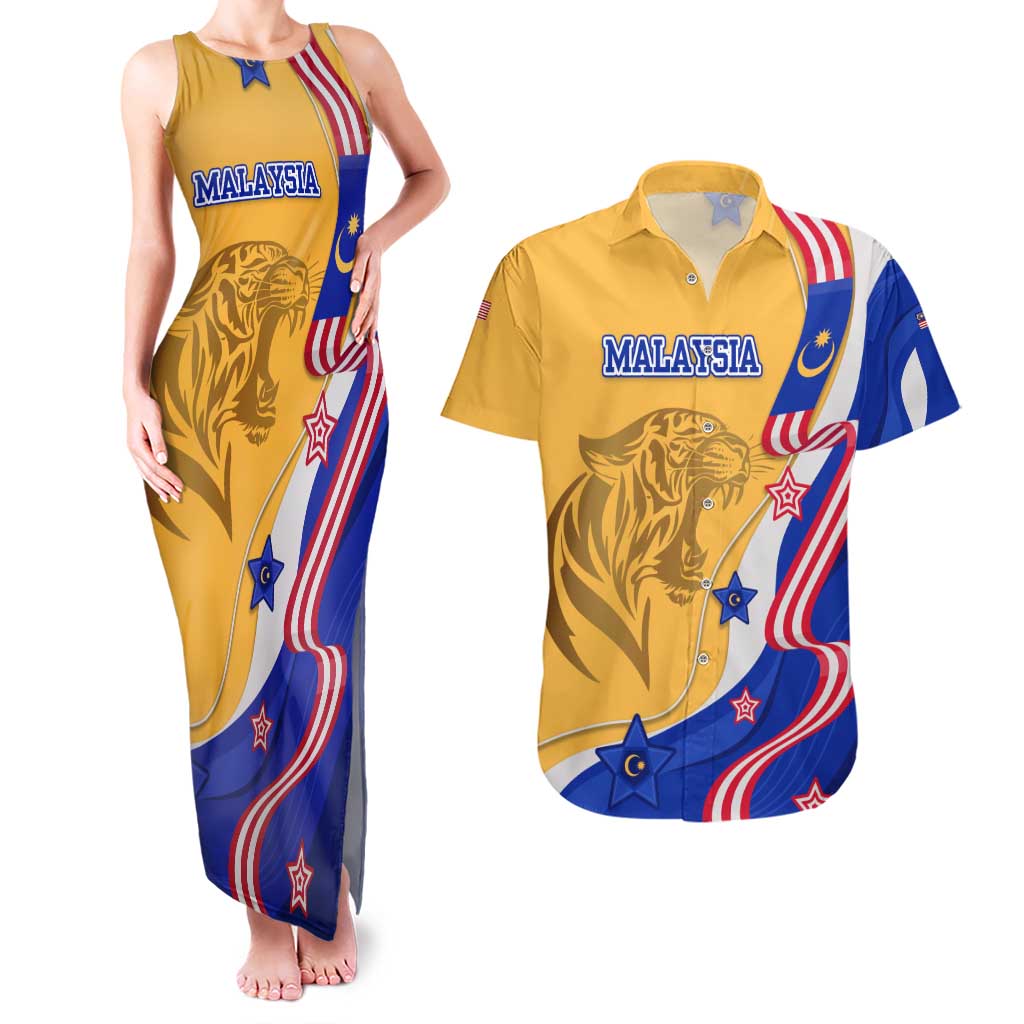 Malaysian Tiger and National Flag Couples Matching Tank Maxi Dress and Hawaiian Shirt with Royal Gold and Blue Design