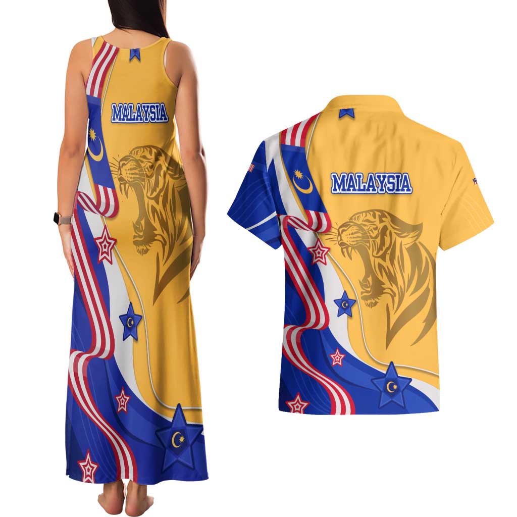 Malaysian Tiger and National Flag Couples Matching Tank Maxi Dress and Hawaiian Shirt with Royal Gold and Blue Design