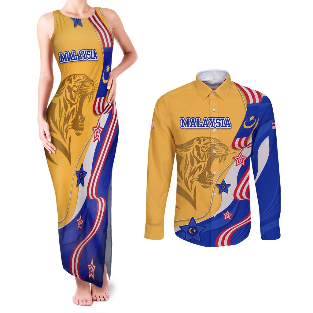 Malaysian Tiger and National Flag Couples Matching Tank Maxi Dress and Long Sleeve Button Shirt with Royal Gold and Blue Design