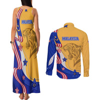 Malaysian Tiger and National Flag Couples Matching Tank Maxi Dress and Long Sleeve Button Shirt with Royal Gold and Blue Design