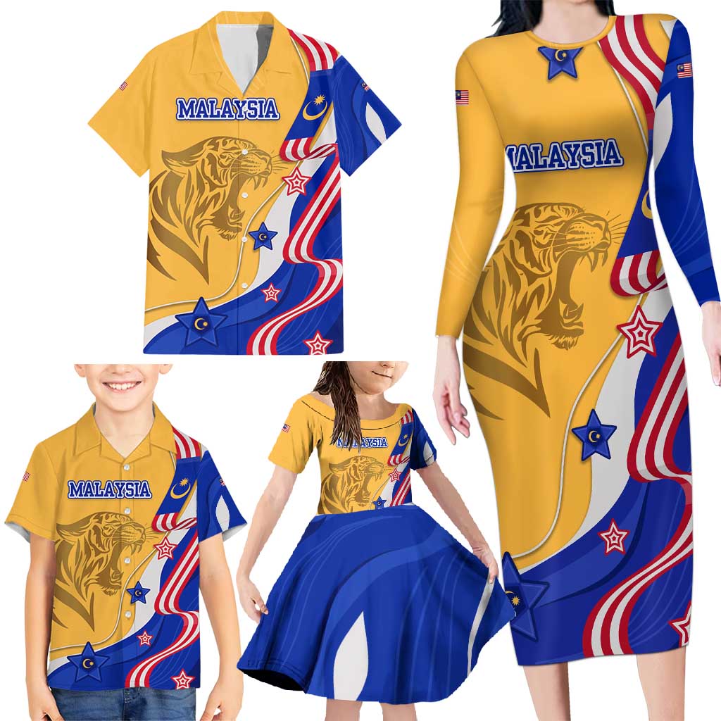 Malaysian Tiger and National Flag Family Matching Long Sleeve Bodycon Dress and Hawaiian Shirt with Royal Gold and Blue Design