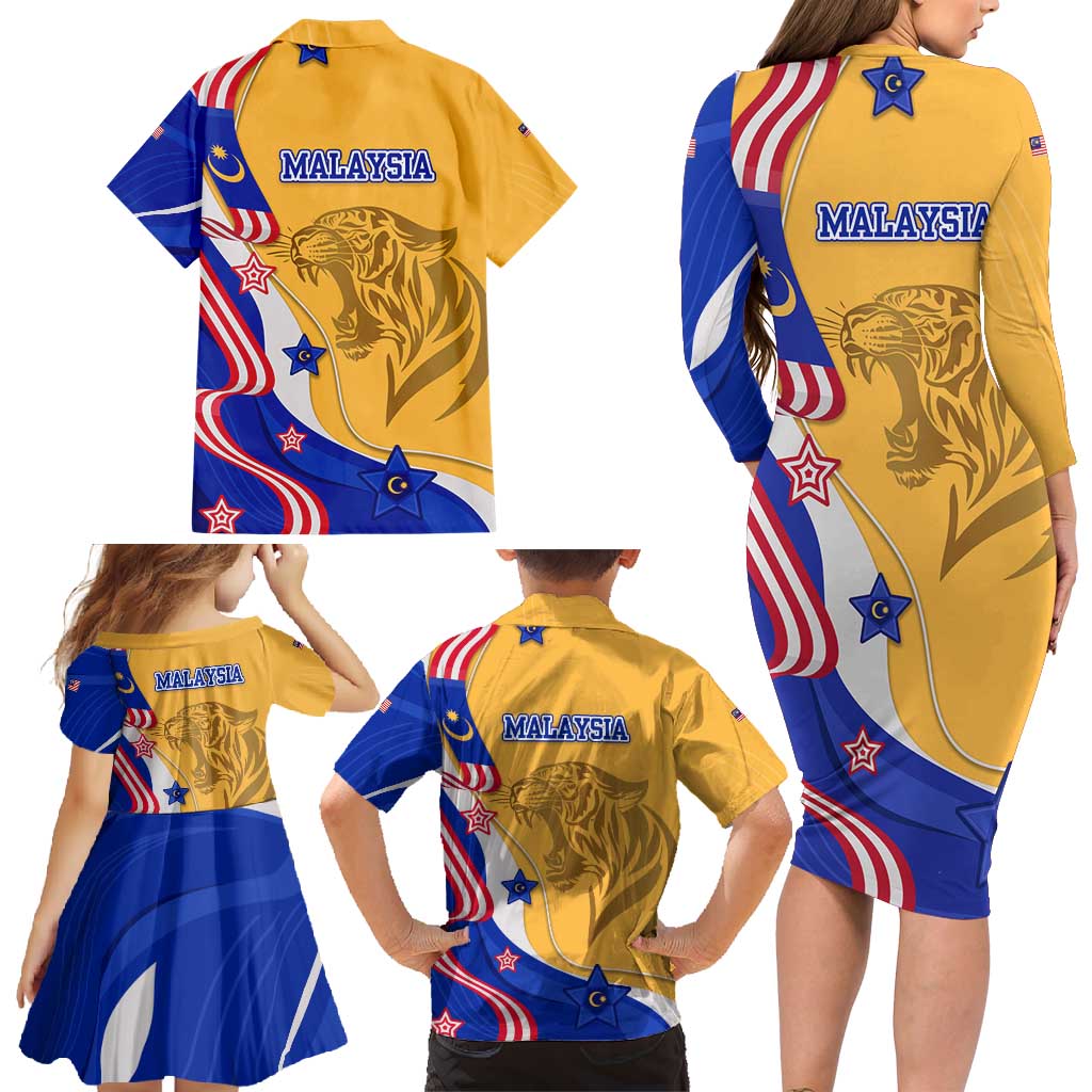 Malaysian Tiger and National Flag Family Matching Long Sleeve Bodycon Dress and Hawaiian Shirt with Royal Gold and Blue Design