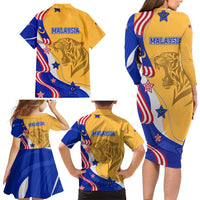Malaysian Tiger and National Flag Family Matching Long Sleeve Bodycon Dress and Hawaiian Shirt with Royal Gold and Blue Design