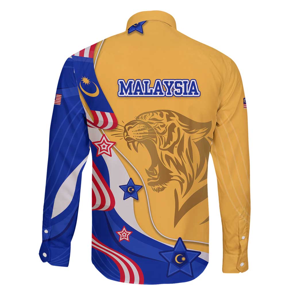Malaysian Tiger and National Flag Family Matching Long Sleeve Bodycon Dress and Hawaiian Shirt with Royal Gold and Blue Design