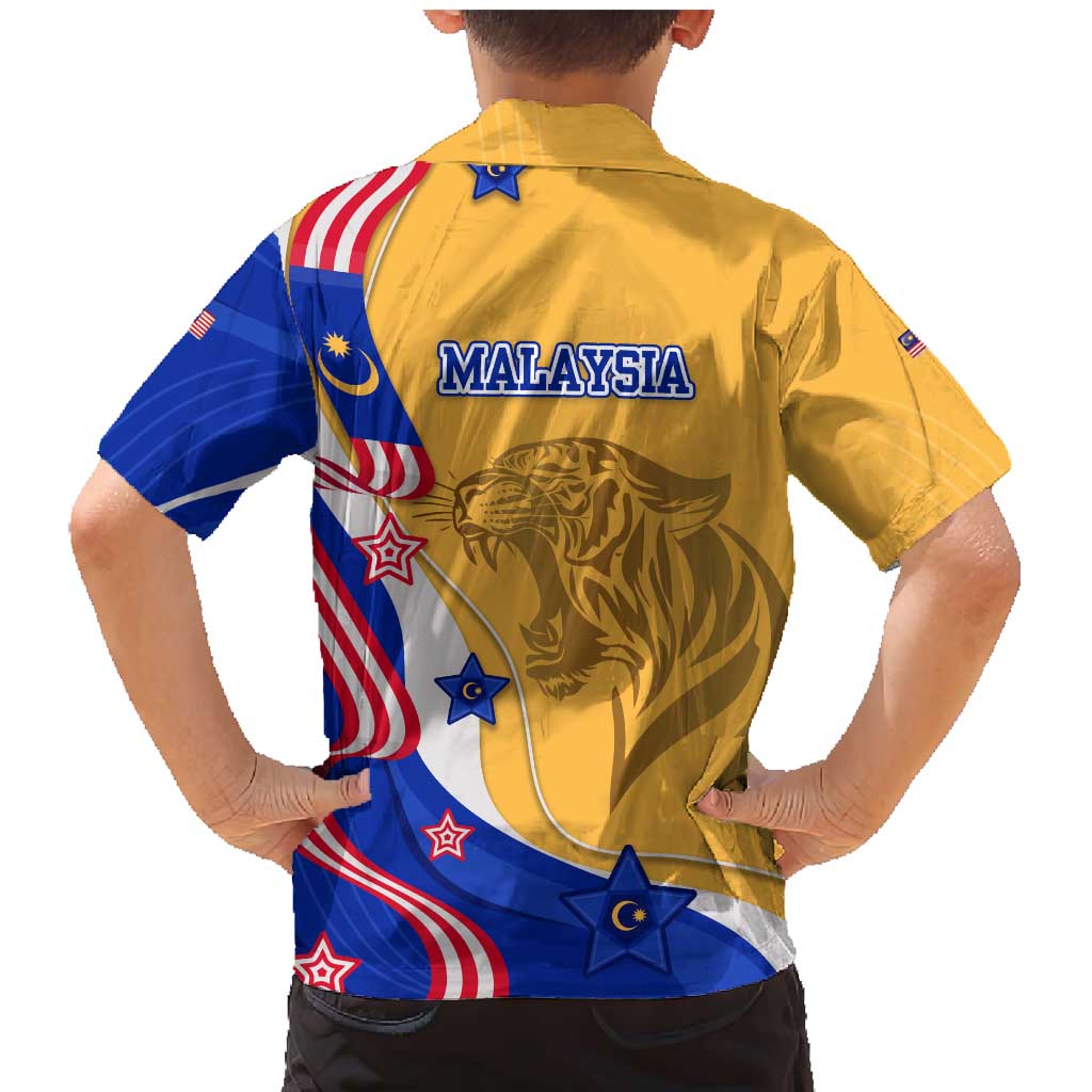 Malaysian Tiger and National Flag Family Matching Mermaid Dress and Hawaiian Shirt with Royal Gold and Blue Design