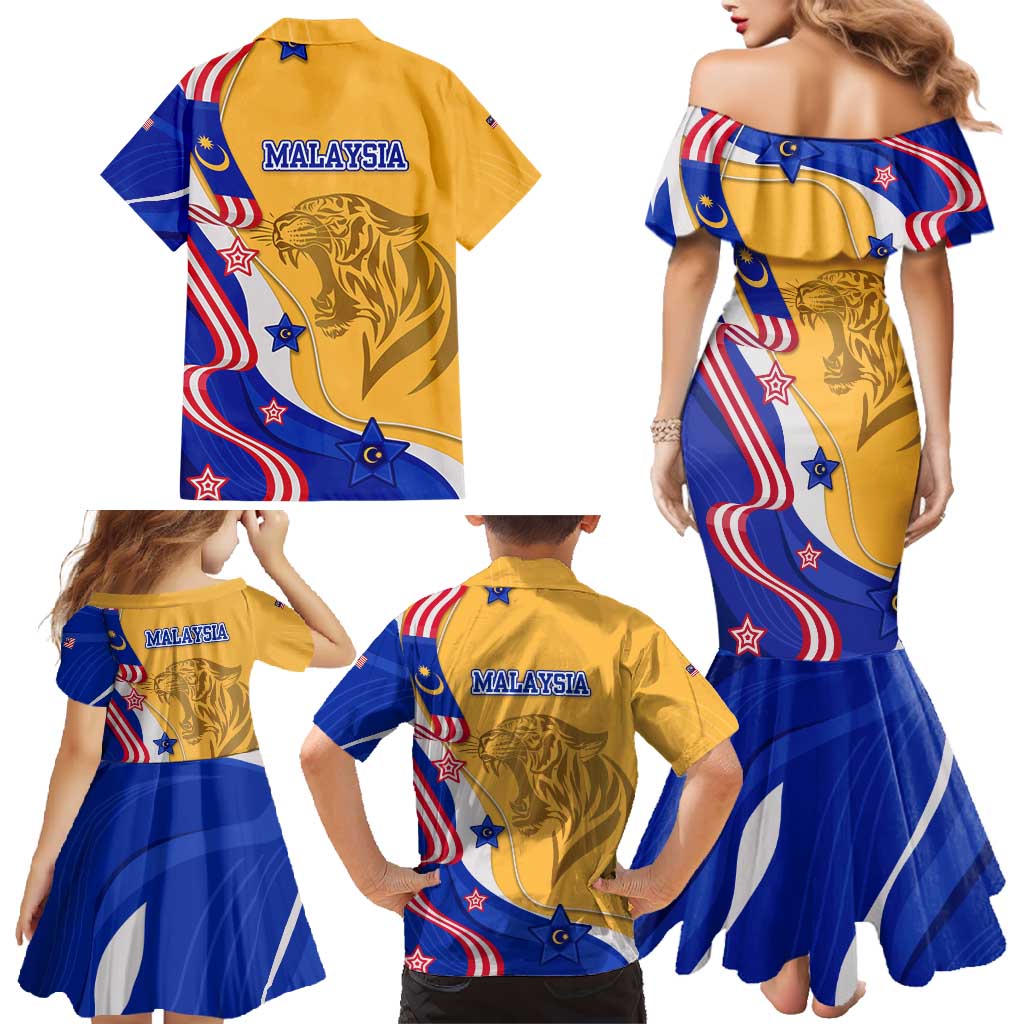 Malaysian Tiger and National Flag Family Matching Mermaid Dress and Hawaiian Shirt with Royal Gold and Blue Design