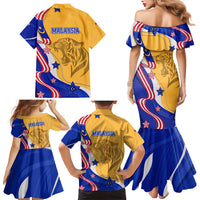 Malaysian Tiger and National Flag Family Matching Mermaid Dress and Hawaiian Shirt with Royal Gold and Blue Design