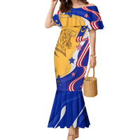 Malaysian Tiger and National Flag Family Matching Mermaid Dress and Hawaiian Shirt with Royal Gold and Blue Design