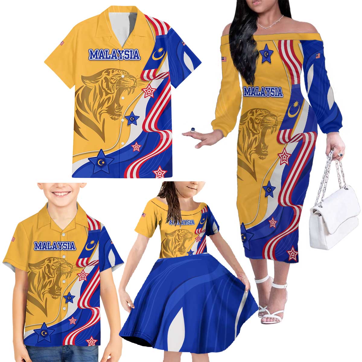 Malaysian Tiger and National Flag Family Matching Off The Shoulder Long Sleeve Dress and Hawaiian Shirt with Royal Gold and Blue Design