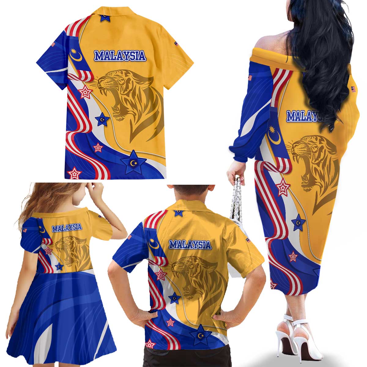Malaysian Tiger and National Flag Family Matching Off The Shoulder Long Sleeve Dress and Hawaiian Shirt with Royal Gold and Blue Design