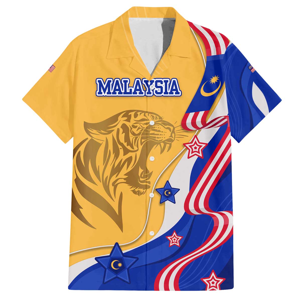 Malaysian Tiger and National Flag Family Matching Off The Shoulder Long Sleeve Dress and Hawaiian Shirt with Royal Gold and Blue Design