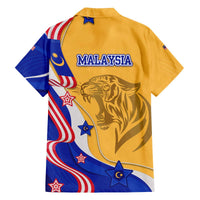 Malaysian Tiger and National Flag Family Matching Off The Shoulder Long Sleeve Dress and Hawaiian Shirt with Royal Gold and Blue Design
