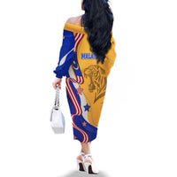 Malaysian Tiger and National Flag Family Matching Off The Shoulder Long Sleeve Dress and Hawaiian Shirt with Royal Gold and Blue Design
