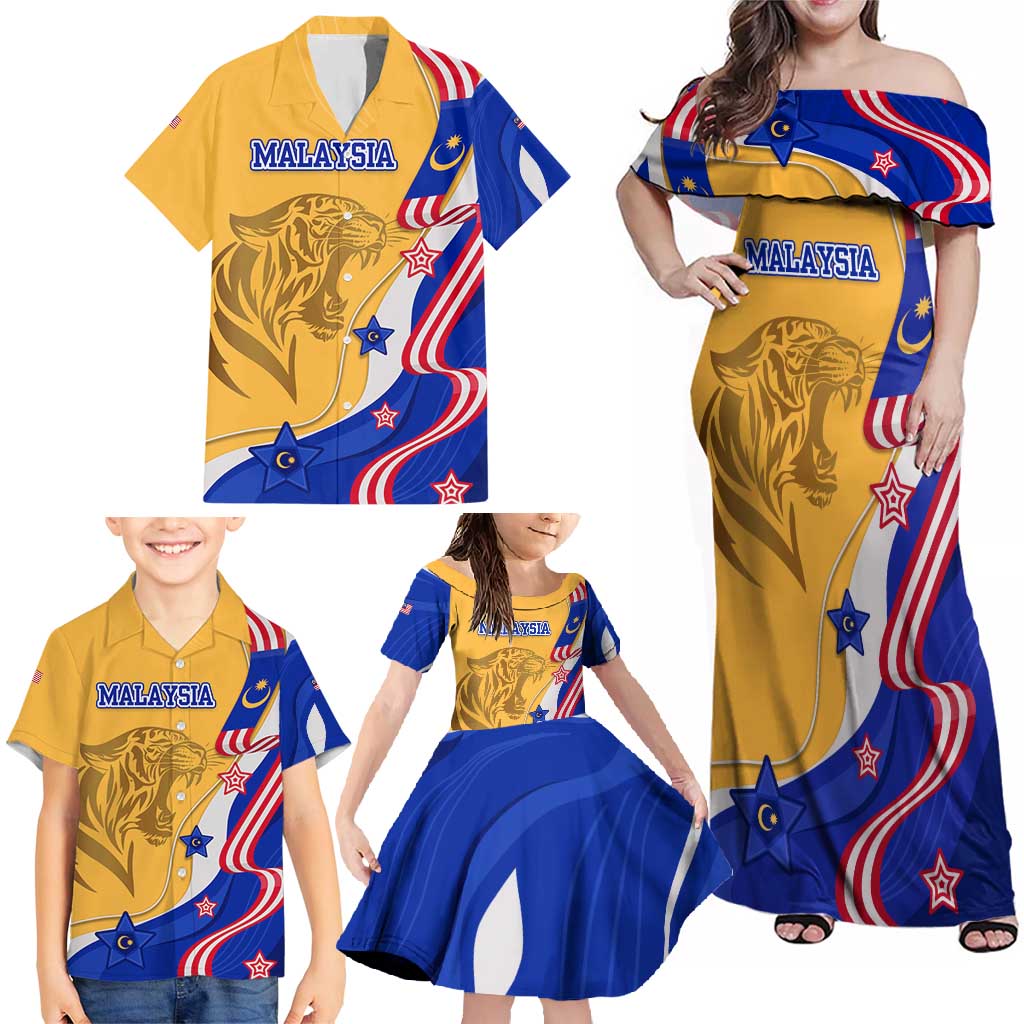 Malaysian Tiger and National Flag Family Matching Off Shoulder Maxi Dress and Hawaiian Shirt with Royal Gold and Blue Design