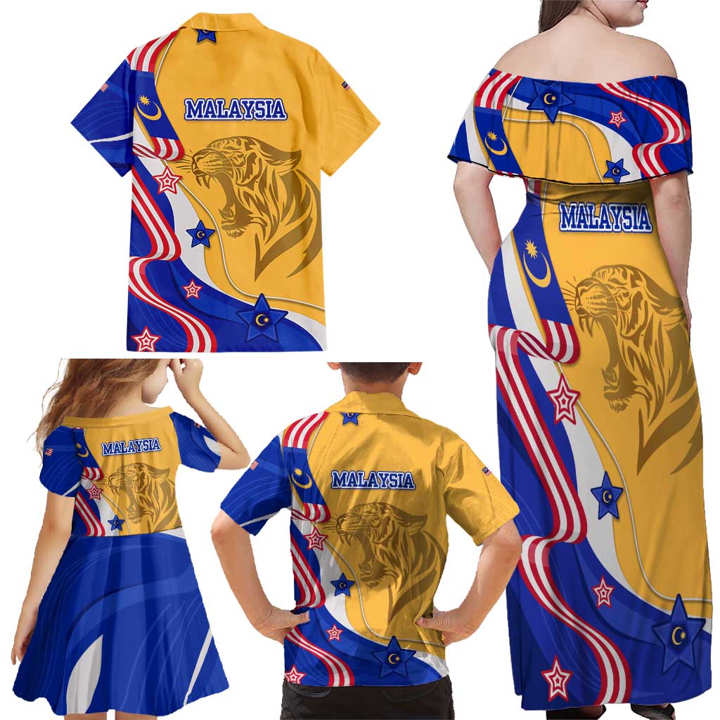 Malaysian Tiger and National Flag Family Matching Off Shoulder Maxi Dress and Hawaiian Shirt with Royal Gold and Blue Design
