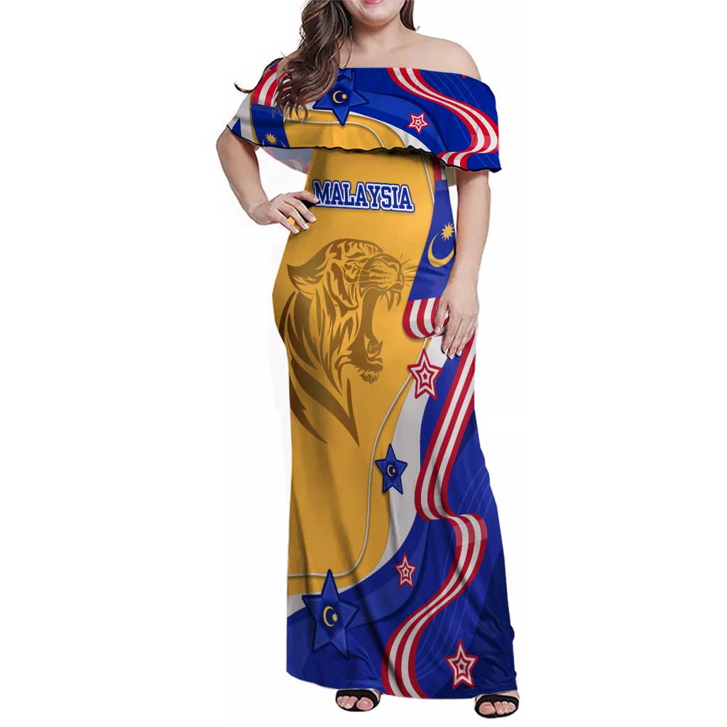 Malaysian Tiger and National Flag Family Matching Off Shoulder Maxi Dress and Hawaiian Shirt with Royal Gold and Blue Design
