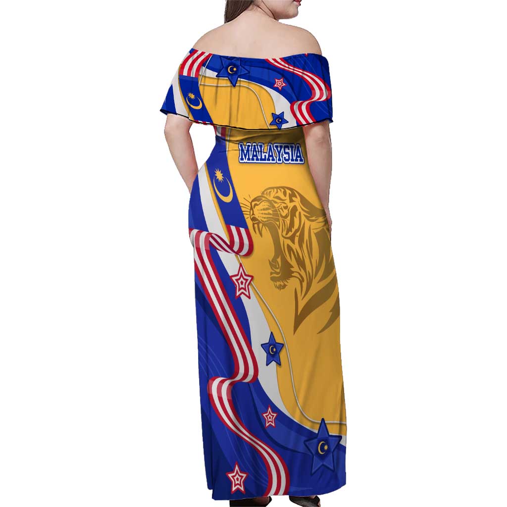 Malaysian Tiger and National Flag Family Matching Off Shoulder Maxi Dress and Hawaiian Shirt with Royal Gold and Blue Design