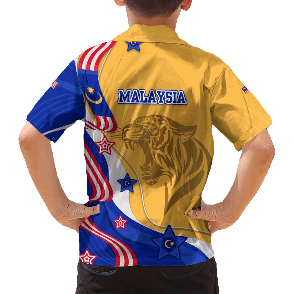 Malaysian Tiger and National Flag Family Matching Off Shoulder Short Dress and Hawaiian Shirt with Royal Gold and Blue Design