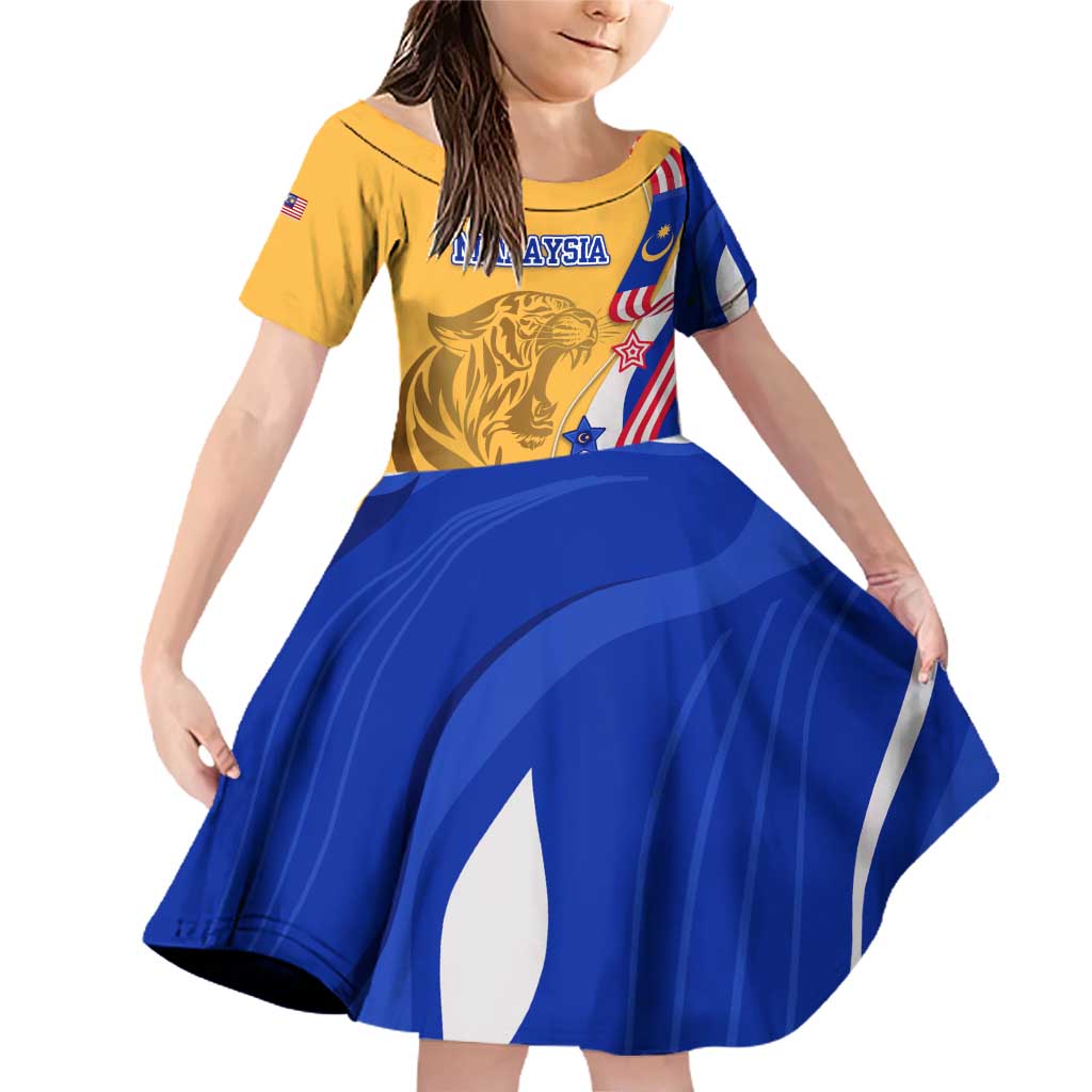 Malaysian Tiger and National Flag Family Matching Off Shoulder Short Dress and Hawaiian Shirt with Royal Gold and Blue Design