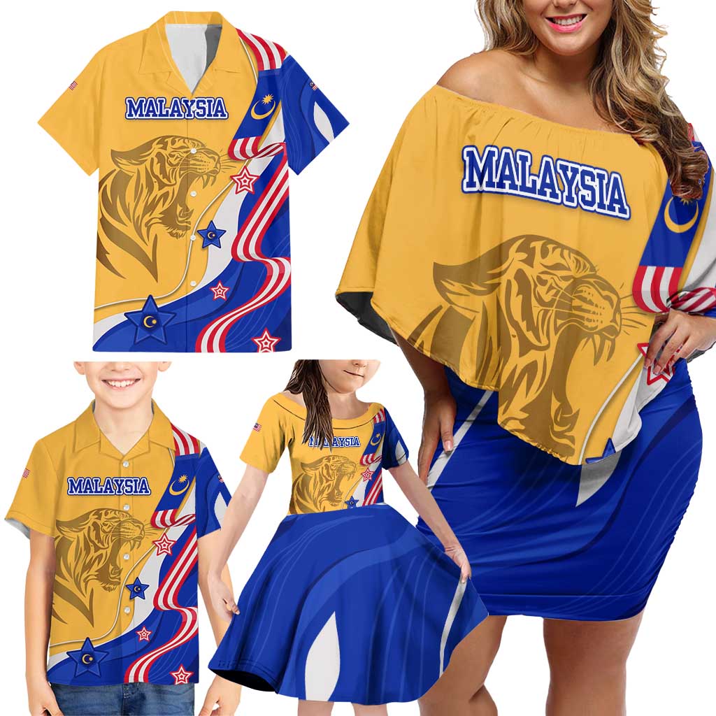 Malaysian Tiger and National Flag Family Matching Off Shoulder Short Dress and Hawaiian Shirt with Royal Gold and Blue Design