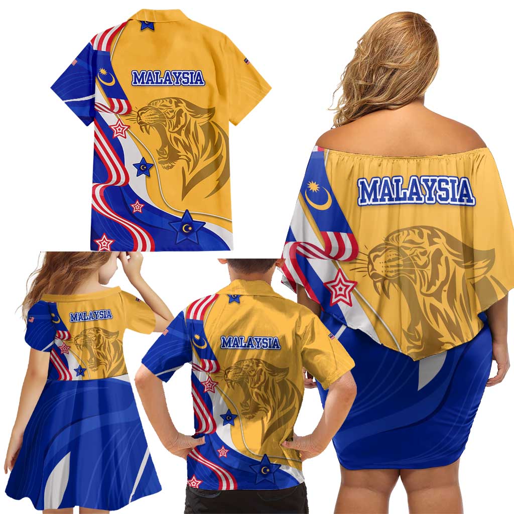 Malaysian Tiger and National Flag Family Matching Off Shoulder Short Dress and Hawaiian Shirt with Royal Gold and Blue Design