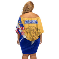 Malaysian Tiger and National Flag Family Matching Off Shoulder Short Dress and Hawaiian Shirt with Royal Gold and Blue Design