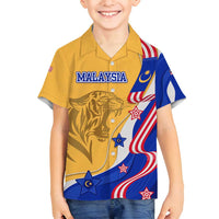 Malaysian Tiger and National Flag Family Matching Off Shoulder Short Dress and Hawaiian Shirt with Royal Gold and Blue Design
