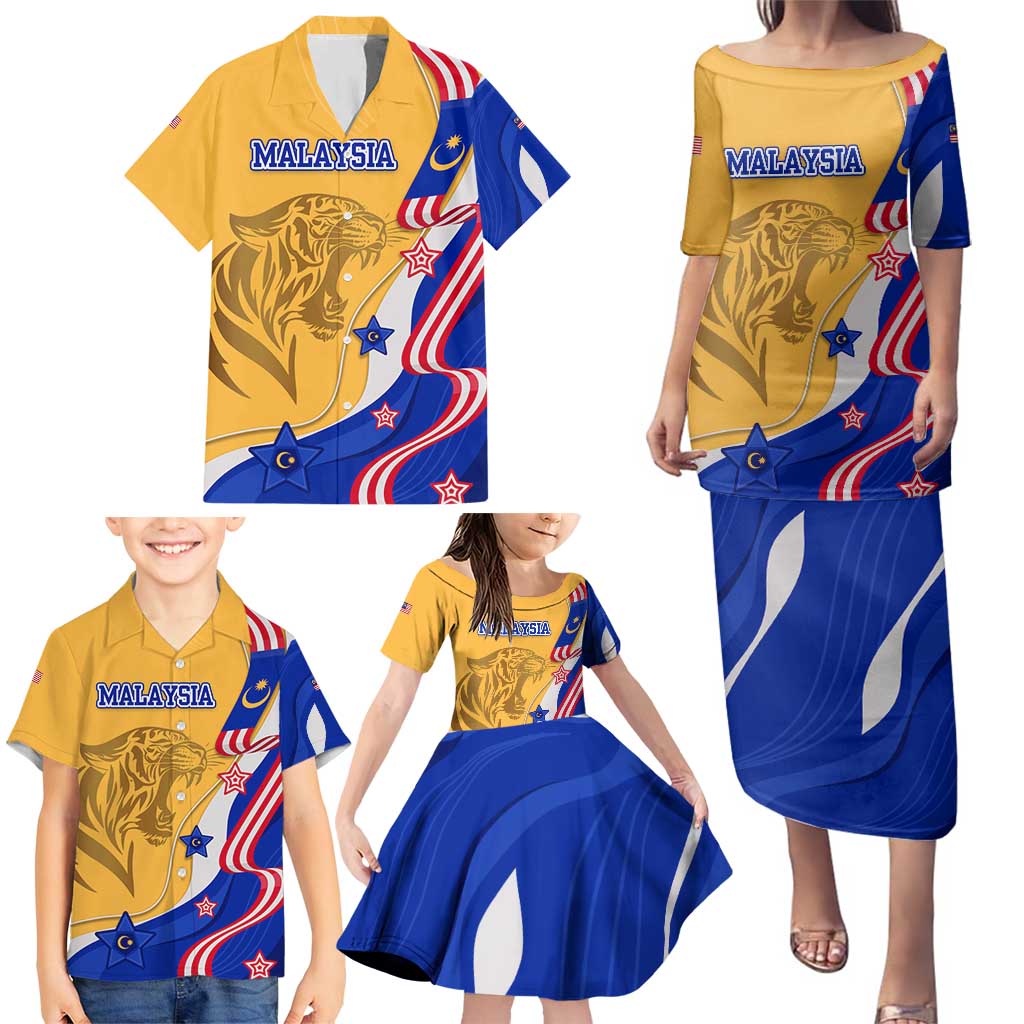 Malaysian Tiger and National Flag Family Matching Puletasi and Hawaiian Shirt with Royal Gold and Blue Design