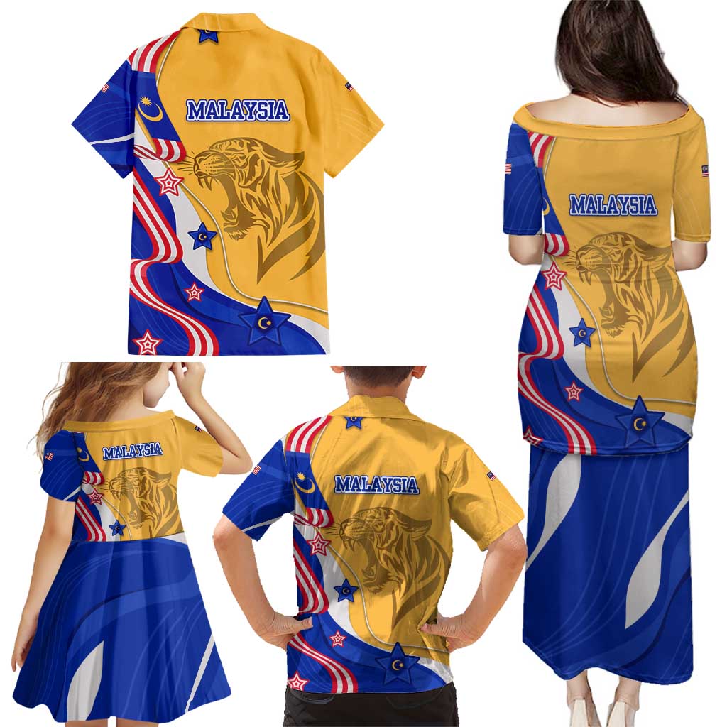 Malaysian Tiger and National Flag Family Matching Puletasi and Hawaiian Shirt with Royal Gold and Blue Design