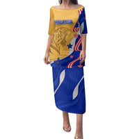 Malaysian Tiger and National Flag Family Matching Puletasi and Hawaiian Shirt with Royal Gold and Blue Design