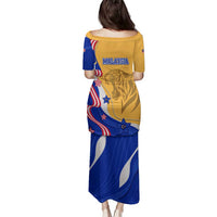 Malaysian Tiger and National Flag Family Matching Puletasi and Hawaiian Shirt with Royal Gold and Blue Design