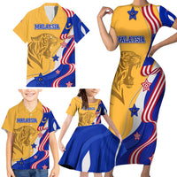 Malaysian Tiger and National Flag Family Matching Short Sleeve Bodycon Dress and Hawaiian Shirt with Royal Gold and Blue Design