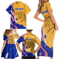 Malaysian Tiger and National Flag Family Matching Short Sleeve Bodycon Dress and Hawaiian Shirt with Royal Gold and Blue Design