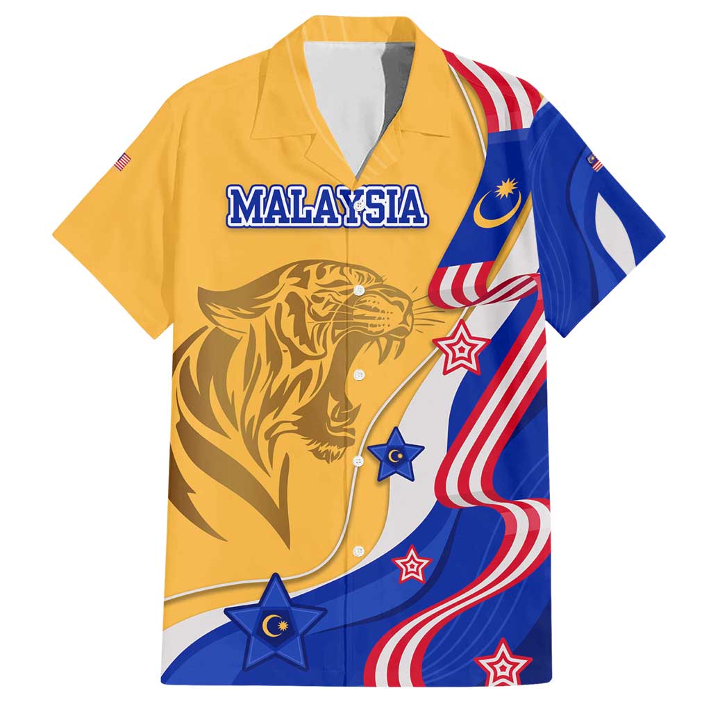 Malaysian Tiger and National Flag Family Matching Short Sleeve Bodycon Dress and Hawaiian Shirt with Royal Gold and Blue Design