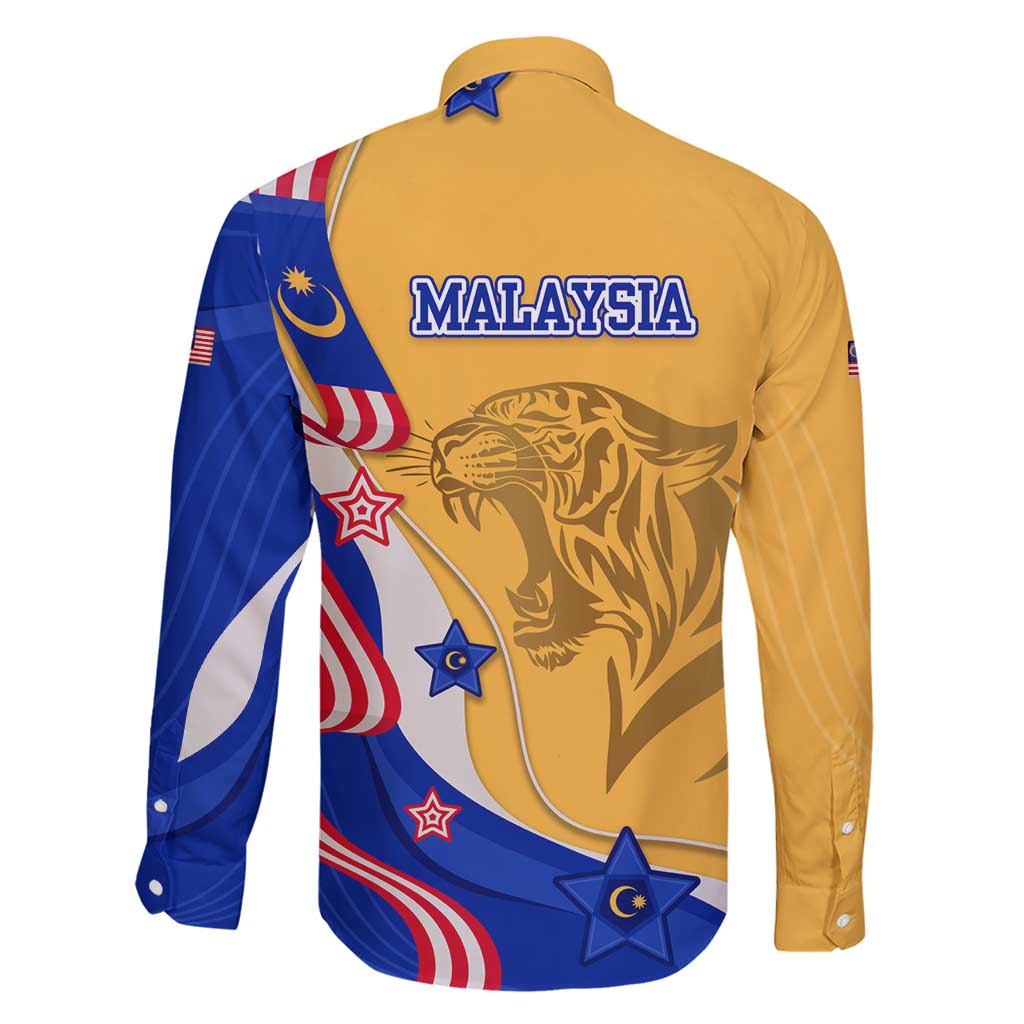 Malaysian Tiger and National Flag Family Matching Short Sleeve Bodycon Dress and Hawaiian Shirt with Royal Gold and Blue Design