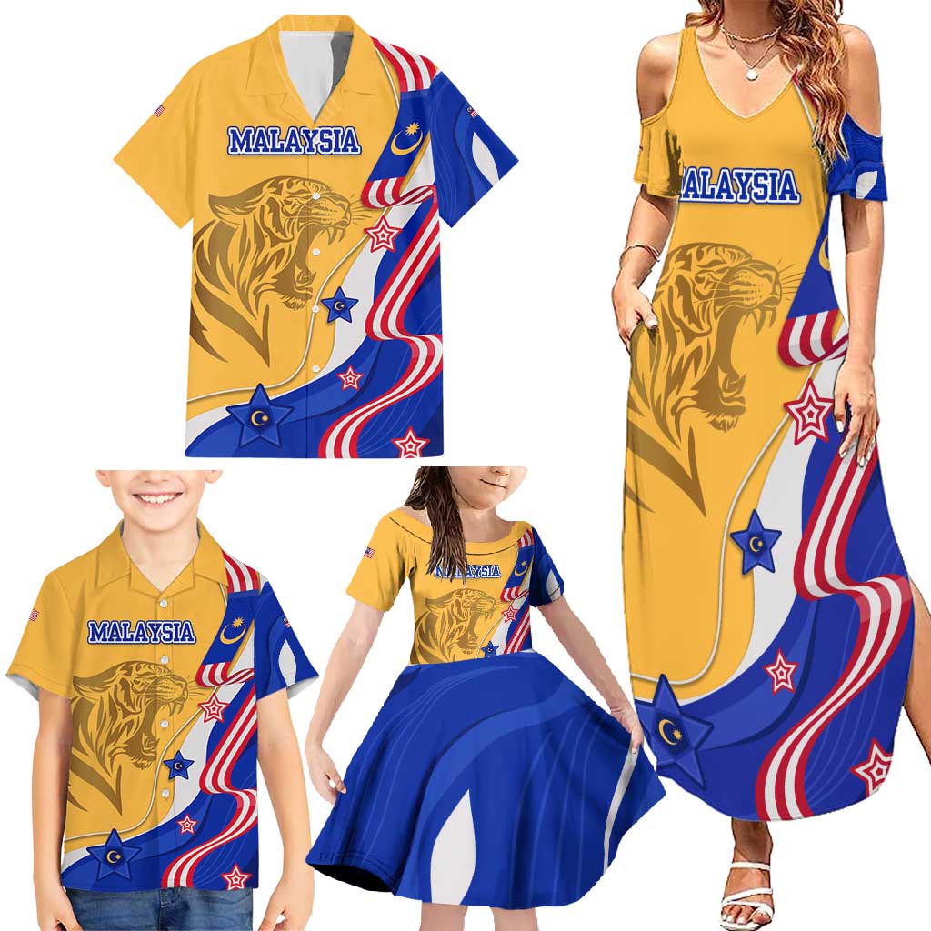 Malaysian Tiger and National Flag Family Matching Summer Maxi Dress and Hawaiian Shirt with Royal Gold and Blue Design