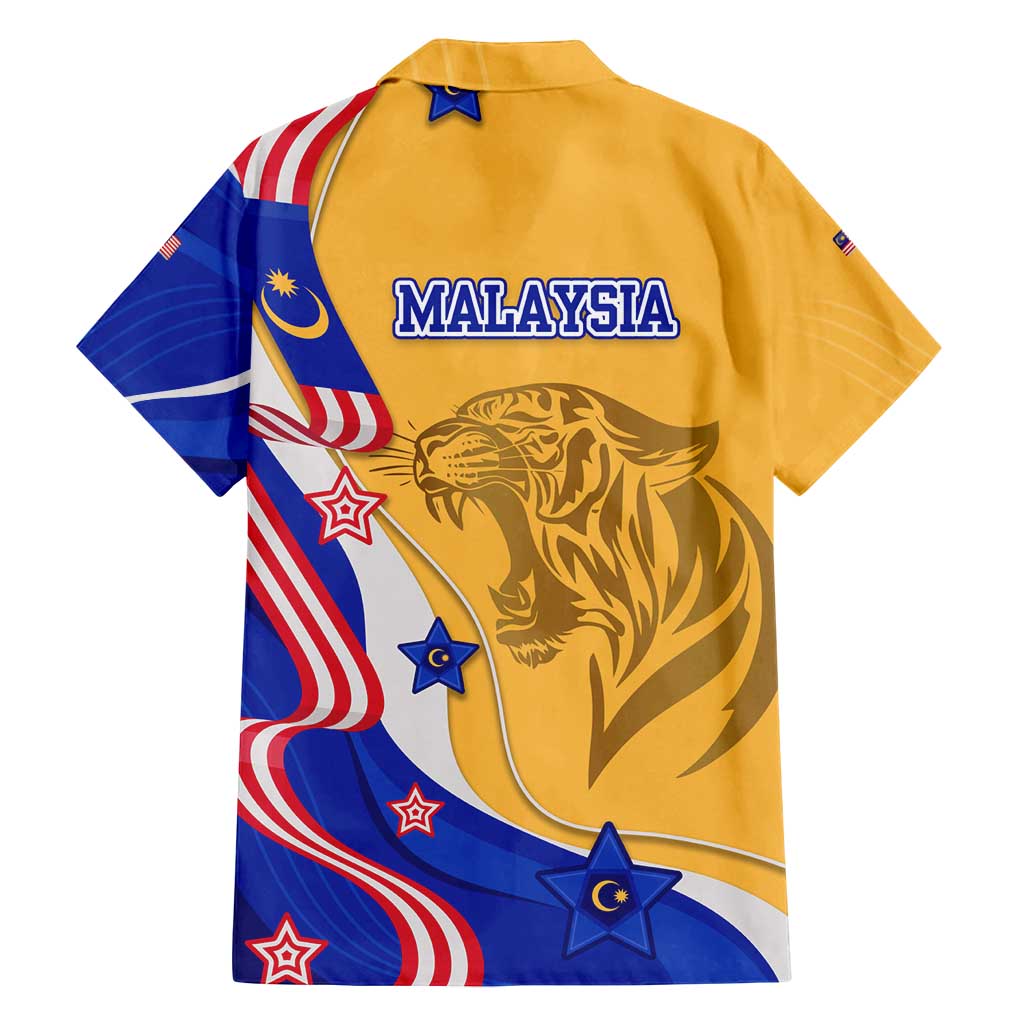 Malaysian Tiger and National Flag Family Matching Summer Maxi Dress and Hawaiian Shirt with Royal Gold and Blue Design