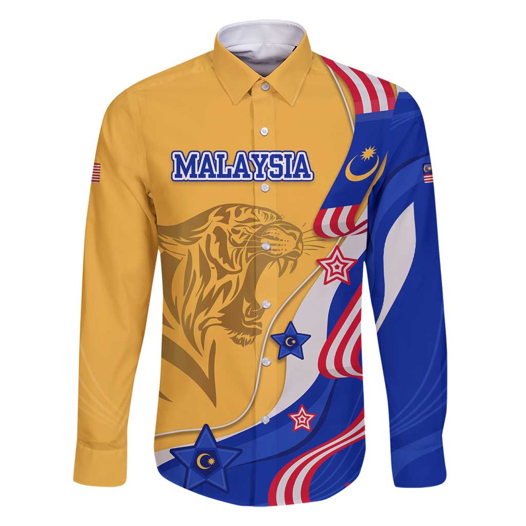 Malaysian Tiger and National Flag Family Matching Summer Maxi Dress and Hawaiian Shirt with Royal Gold and Blue Design