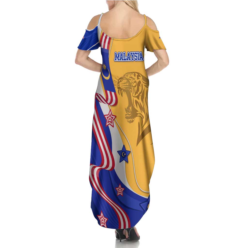 Malaysian Tiger and National Flag Family Matching Summer Maxi Dress and Hawaiian Shirt with Royal Gold and Blue Design