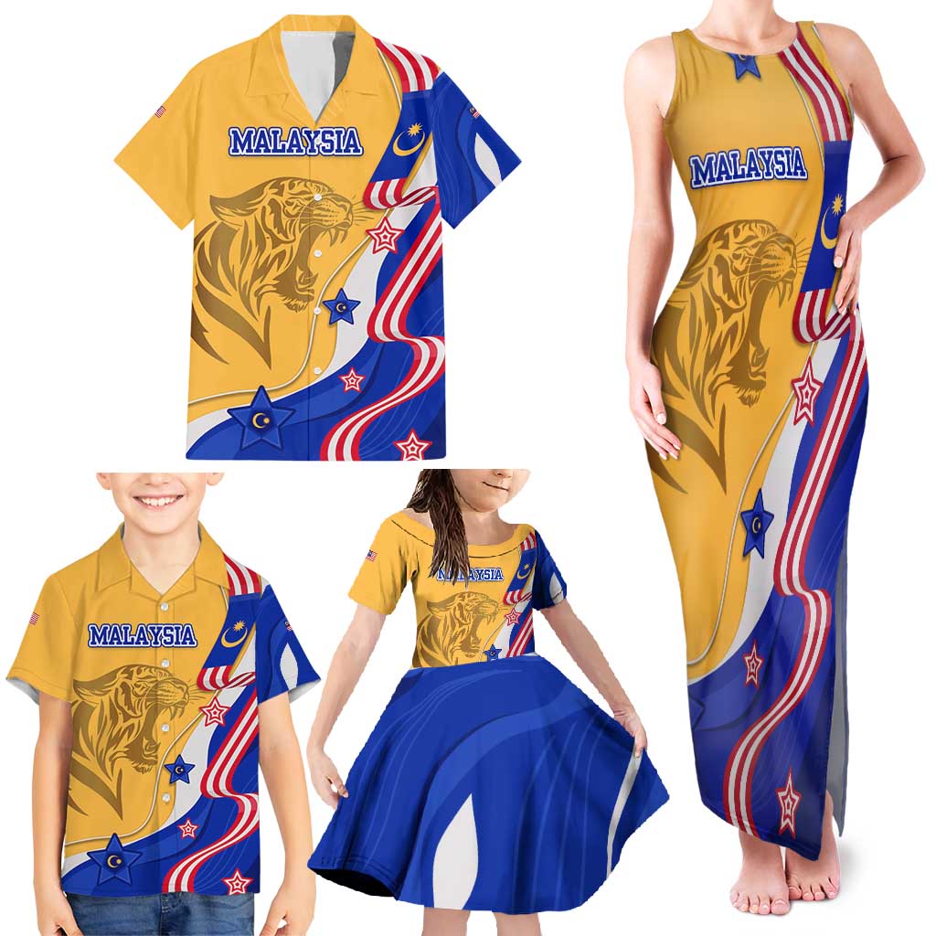 Malaysian Tiger and National Flag Family Matching Tank Maxi Dress and Hawaiian Shirt with Royal Gold and Blue Design