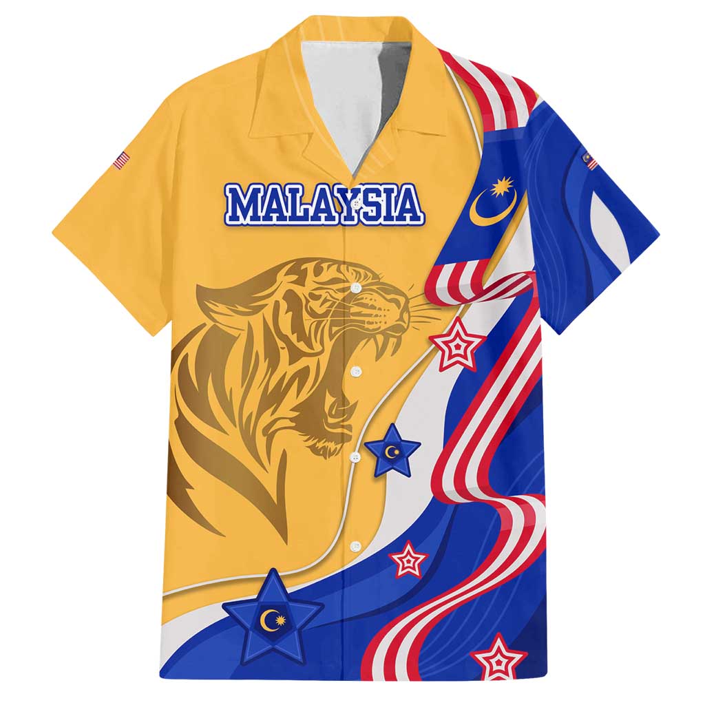 Malaysian Tiger and National Flag Family Matching Tank Maxi Dress and Hawaiian Shirt with Royal Gold and Blue Design