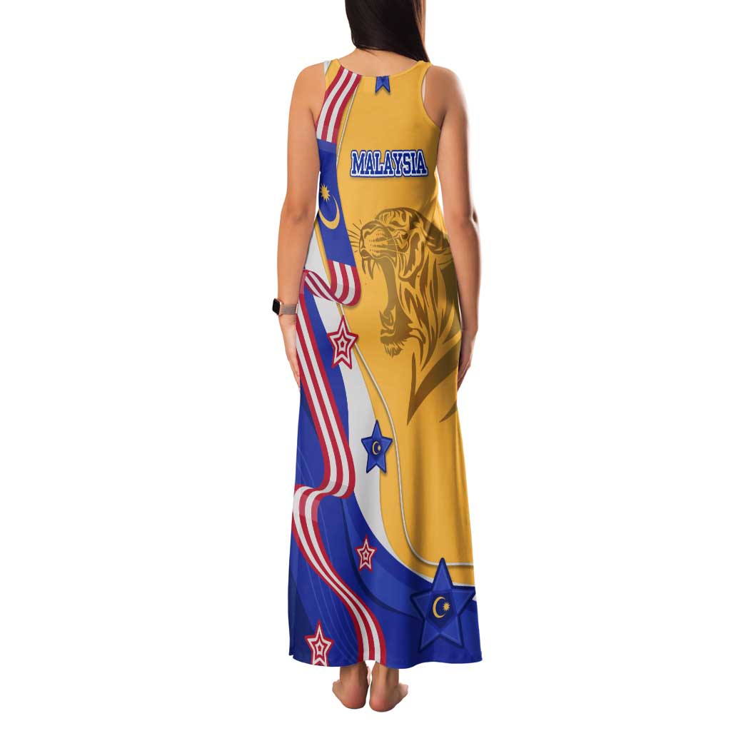 Malaysian Tiger and National Flag Family Matching Tank Maxi Dress and Hawaiian Shirt with Royal Gold and Blue Design