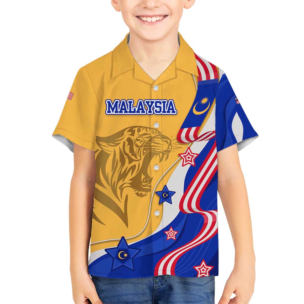 Malaysian Tiger and National Flag Family Matching Tank Maxi Dress and Hawaiian Shirt with Royal Gold and Blue Design