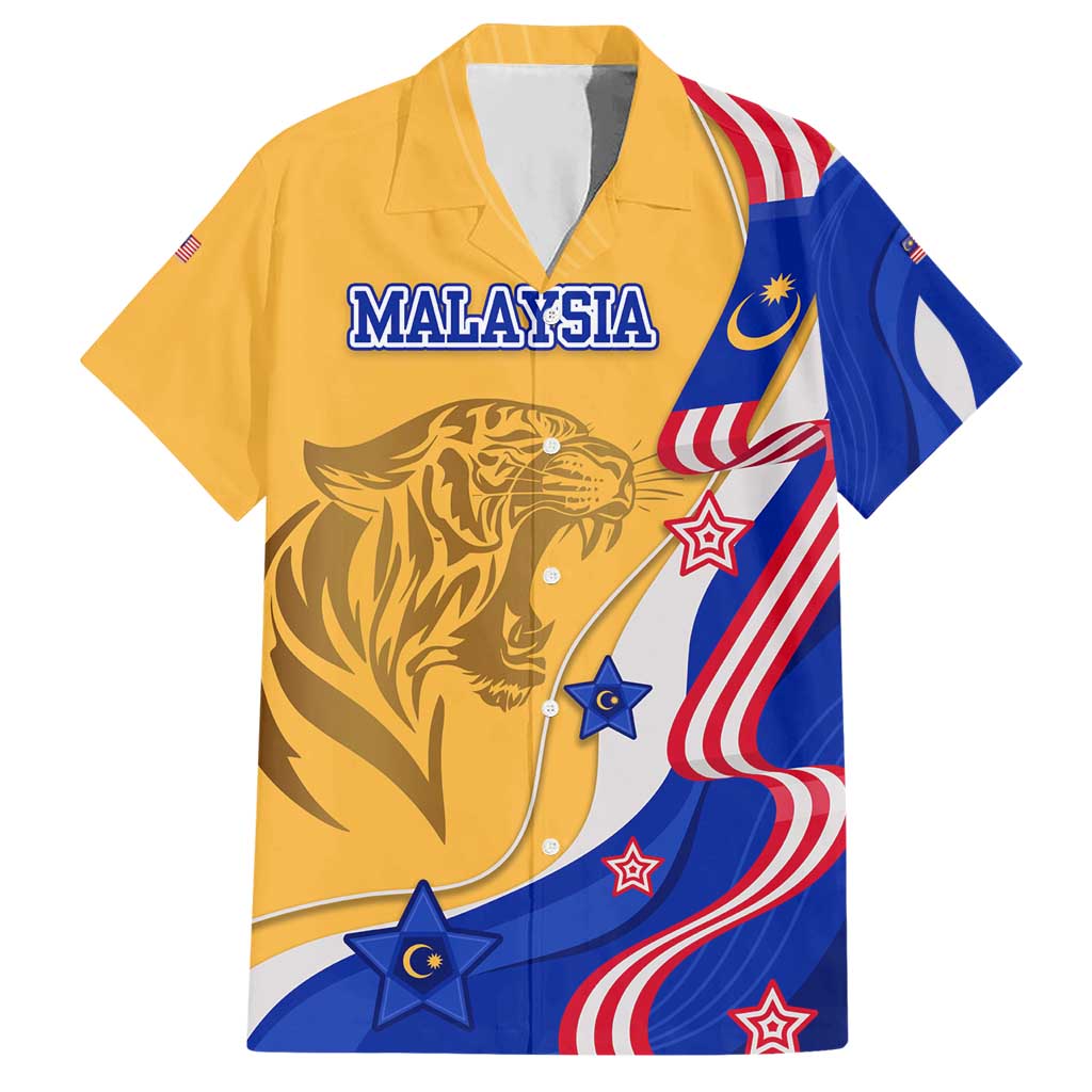 Malaysian Tiger and National Flag Hawaiian Shirt with Royal Gold and Blue Design