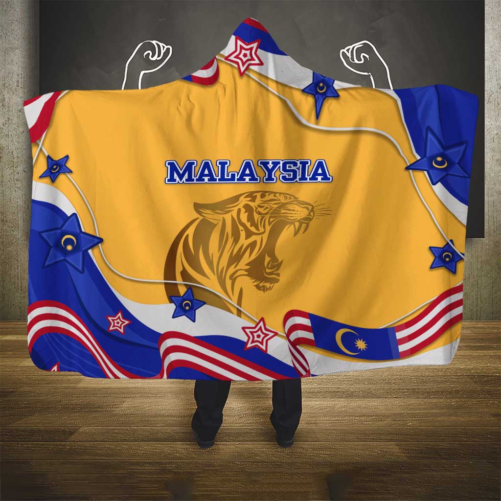 Malaysian Tiger and National Flag Hooded Blanket with Royal Gold and Blue Design
